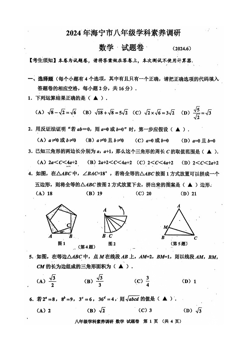 浙江省嘉兴市海宁市2023-2024学年八年级下学期6月学科素养调研数学试题第1页