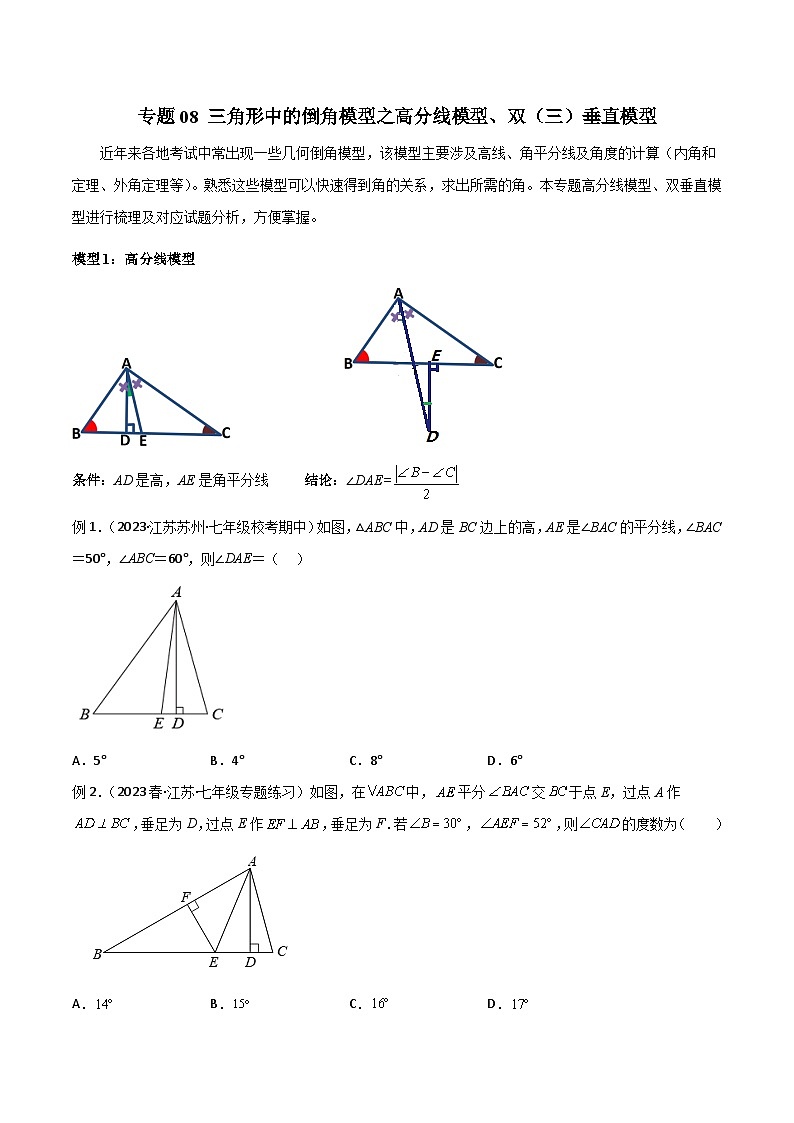 专题08 三角形中的倒角模型之高分线模型、双（三）垂直模型-2023-2024学年七年级数学下册常见几何模型（苏科版）01