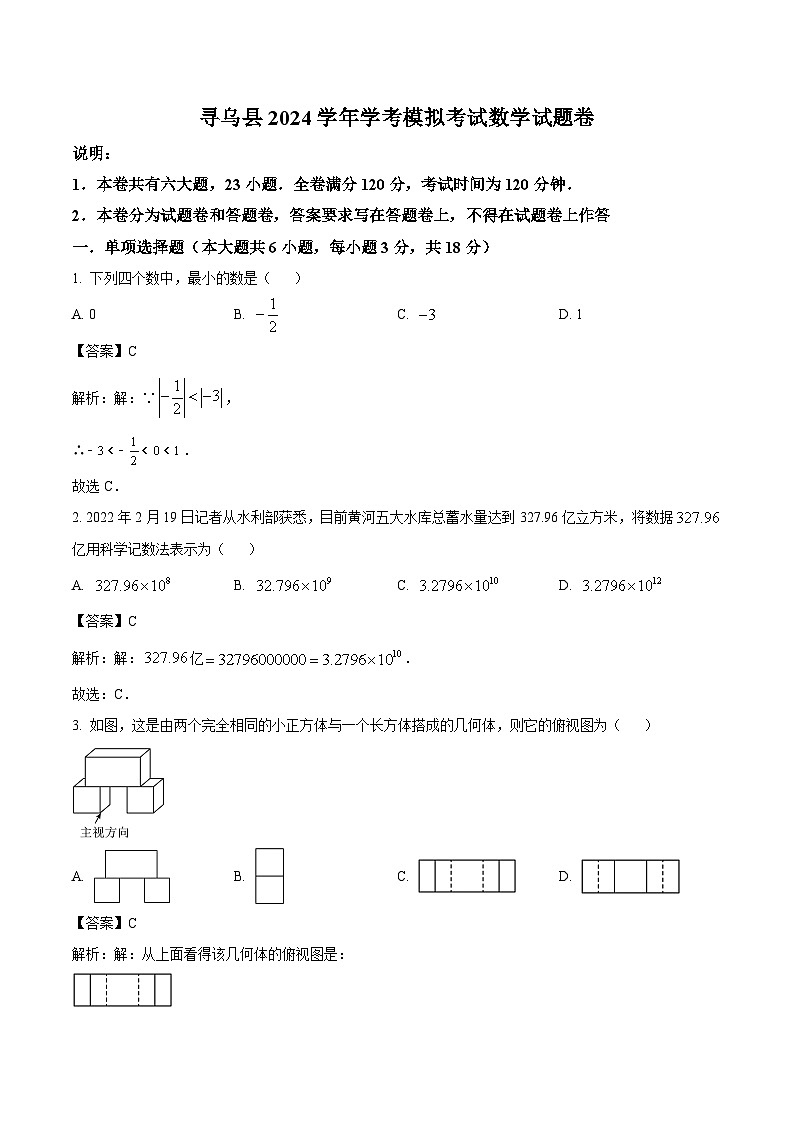 江西省赣州市寻乌县2024届九年级下学期中考一模数学试卷(含解析)01