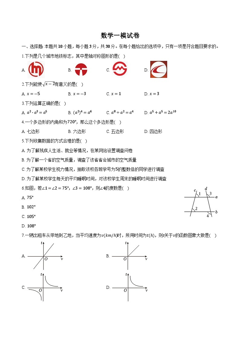 浙江省台州市2024届九年级下学期中考一模数学试卷(含答案)第1页