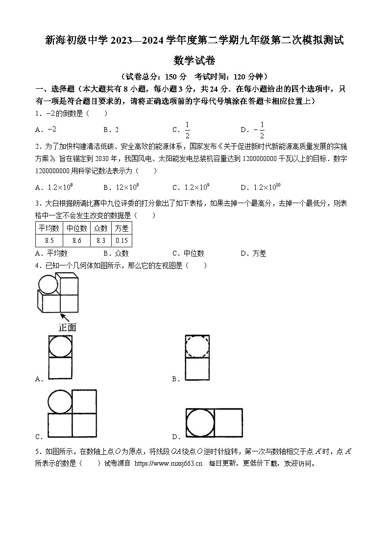 2024年江苏省连云港市新海初级中学九年级下学期第二次模拟测试数学试题(无答案)01