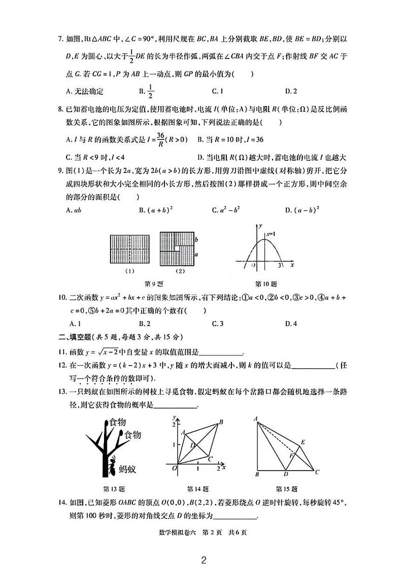 2024年荆楚初中联盟九年级中考模拟数学试卷（六）（含答案）第2页