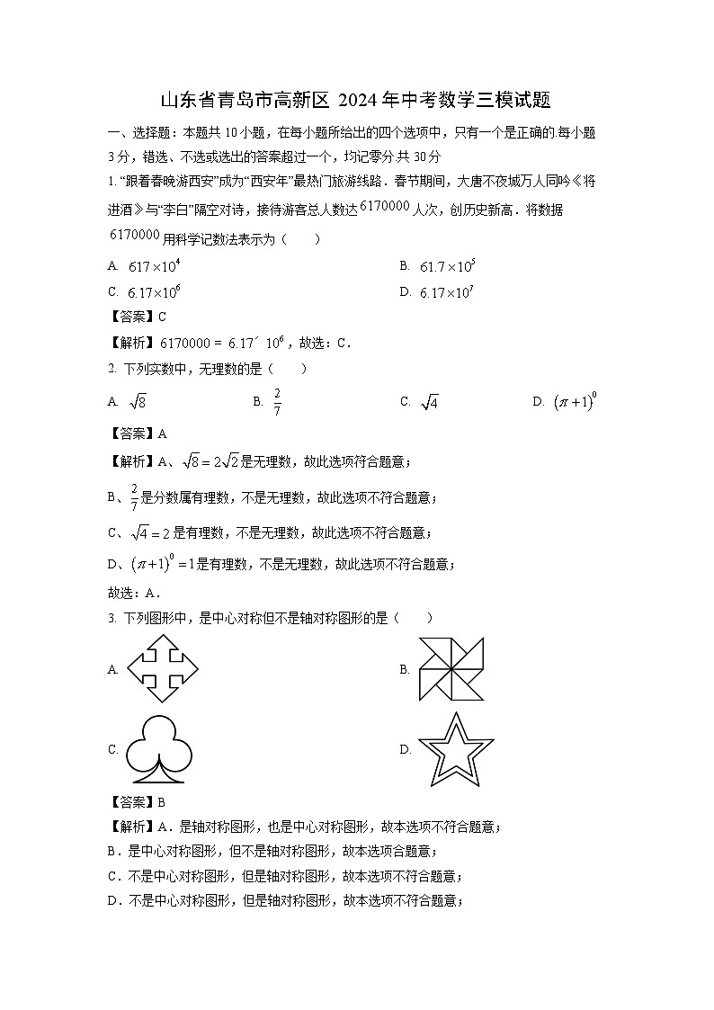 数学：山东省青岛市高新区2024年中考三模试题（解析版）第1页