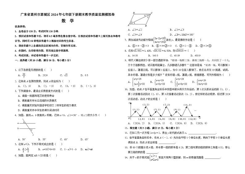 广东省惠州市惠城区2024年七年级下册期末教学质量监测模拟卷  考试版A3第1页