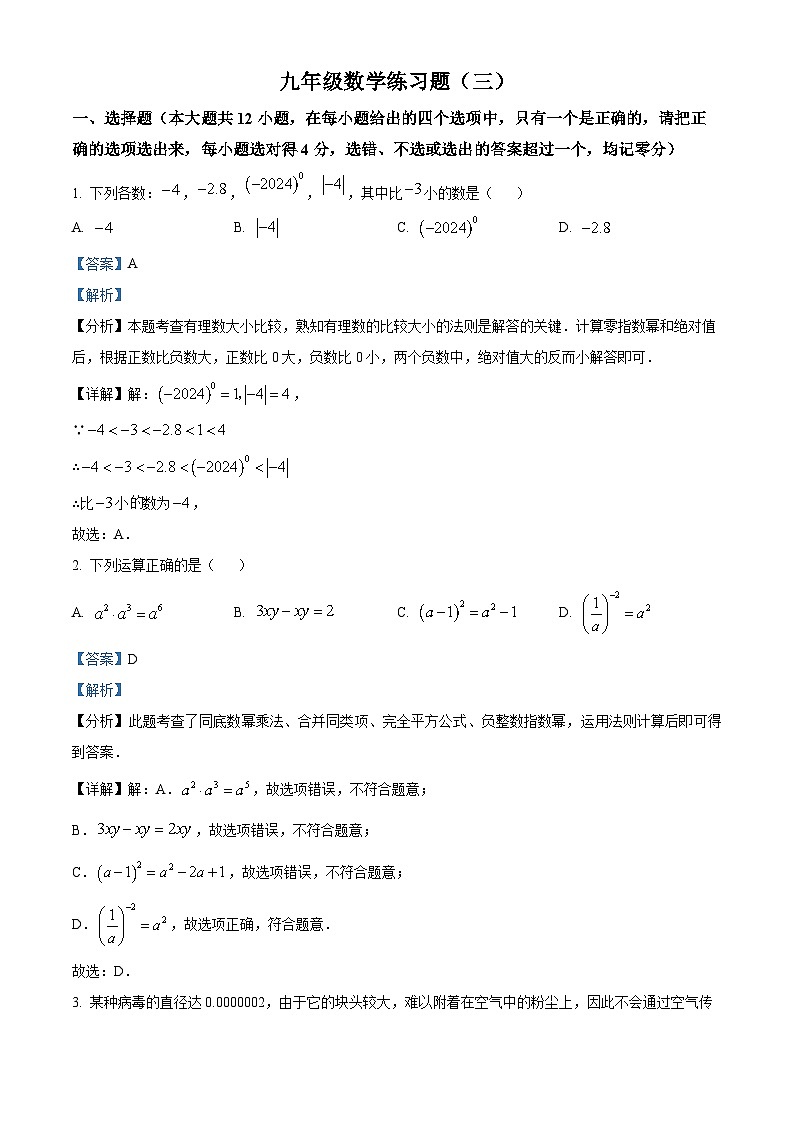 2024年山东省泰安市岱岳区中考三模数学试题（原卷版+解析版）01
