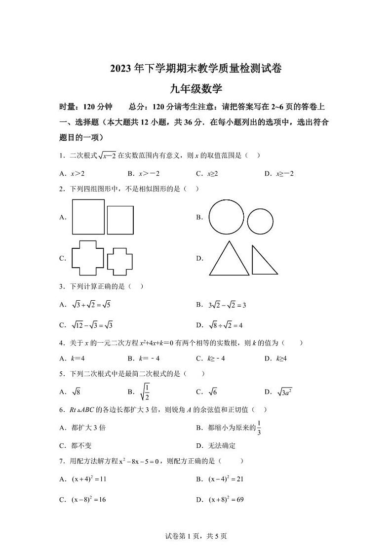 湖南省衡阳市衡南县2023-2024学年九年级上学期期末数学试题01