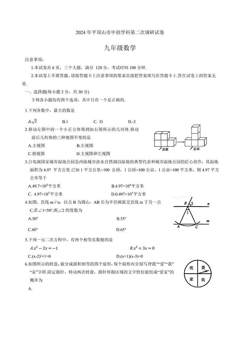 河南省平顶山市2024届九年级下学期中考二模数学试卷(含答案)01