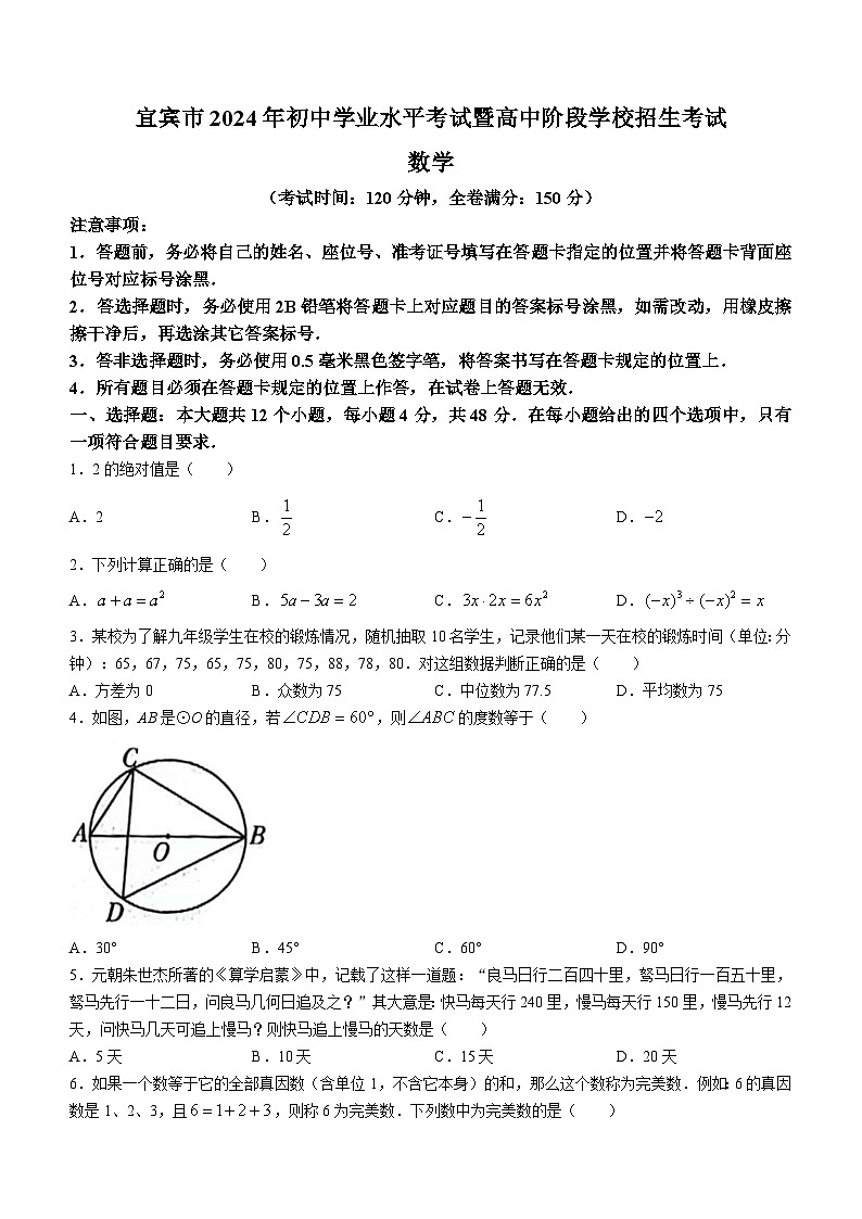 2024年四川省宜宾市中考数学试题(无答案)第1页