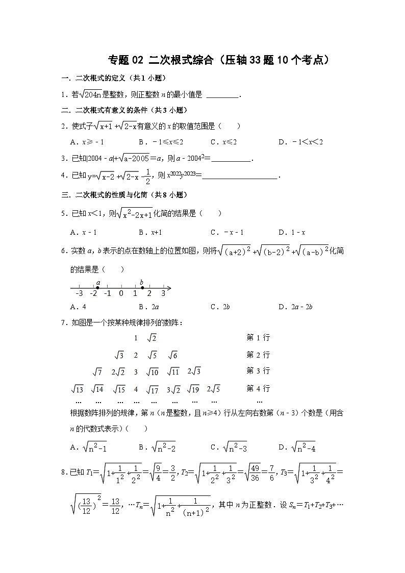 八年级数学下册专题02二次根式综合(压轴33题10个考点)(原卷版+解析)01