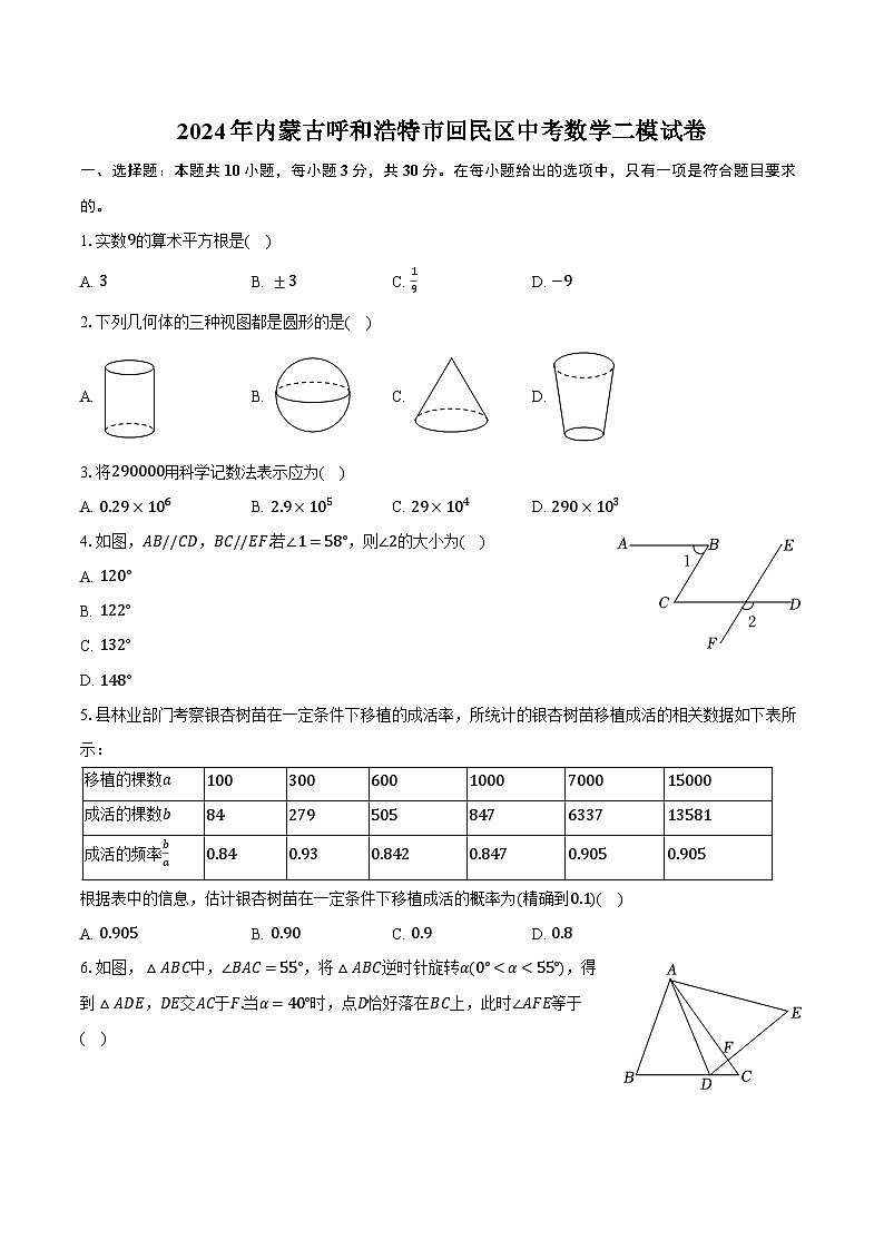 2024年内蒙古呼和浩特市回民区中考数学二模试卷（含解析）第1页