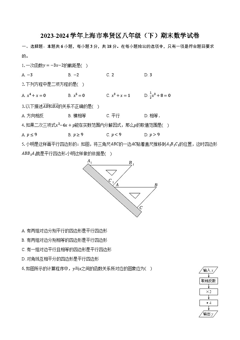 2023-2024学年上海市奉贤区八年级（下）期末数学试卷（含解析）第1页