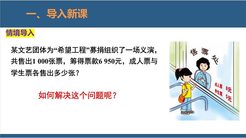 5.5应用一元一次方程-“希望工程”义演-【高效课堂】2024-2025学年七年级数学上册同步精品课堂课件（北师大版）第3页