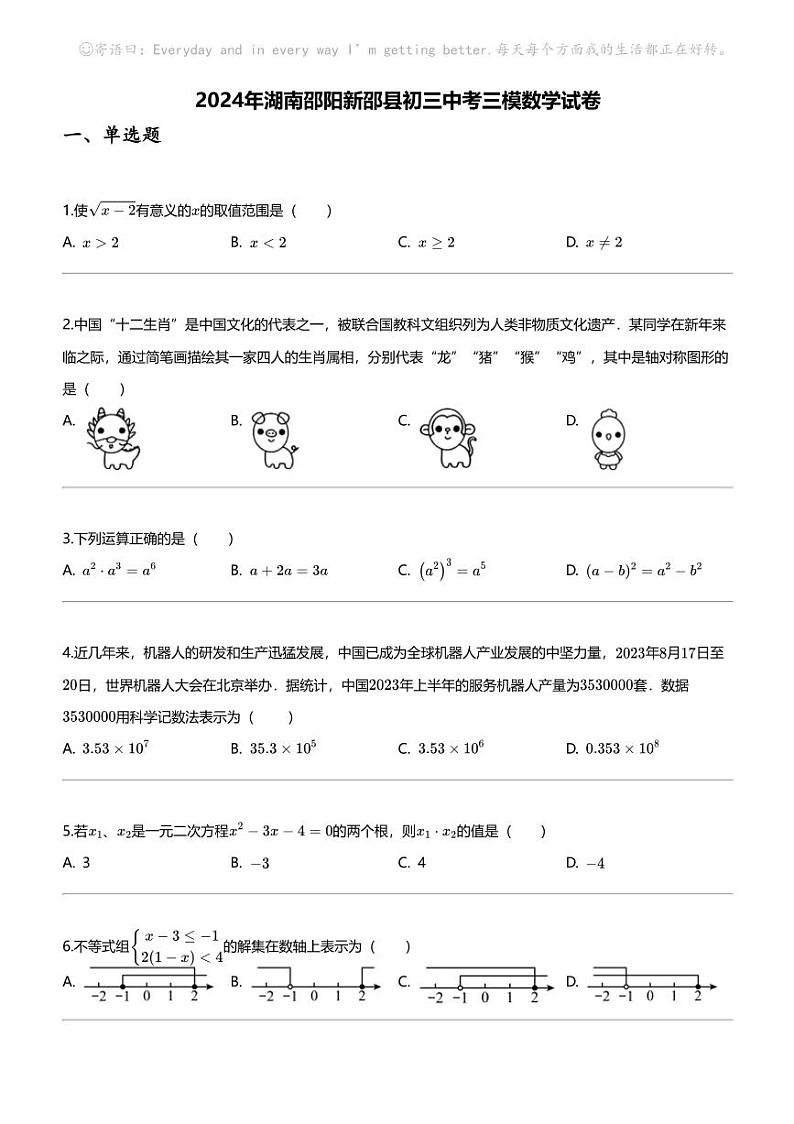 2024年湖南邵阳新邵县初三中考三模数学试卷第1页