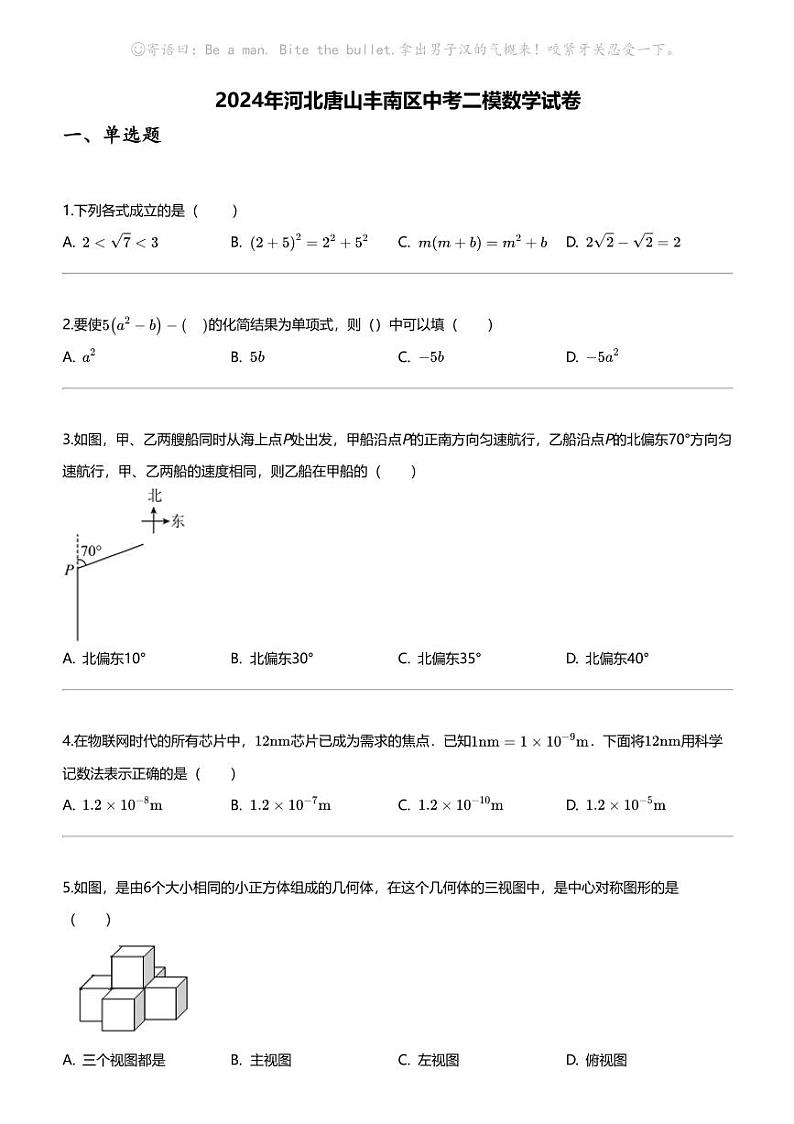 2024年河北唐山丰南区中考二模数学试卷第1页