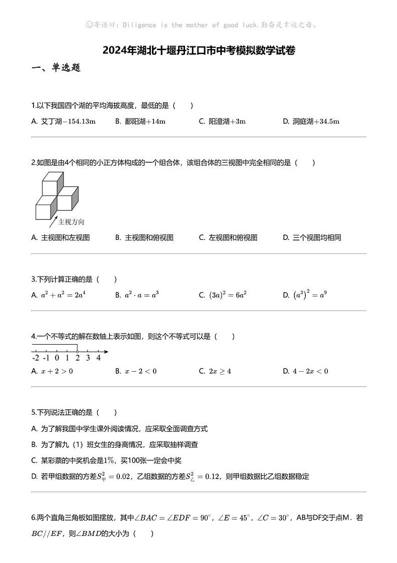 2024年湖北十堰丹江口市中考模拟数学试卷第1页