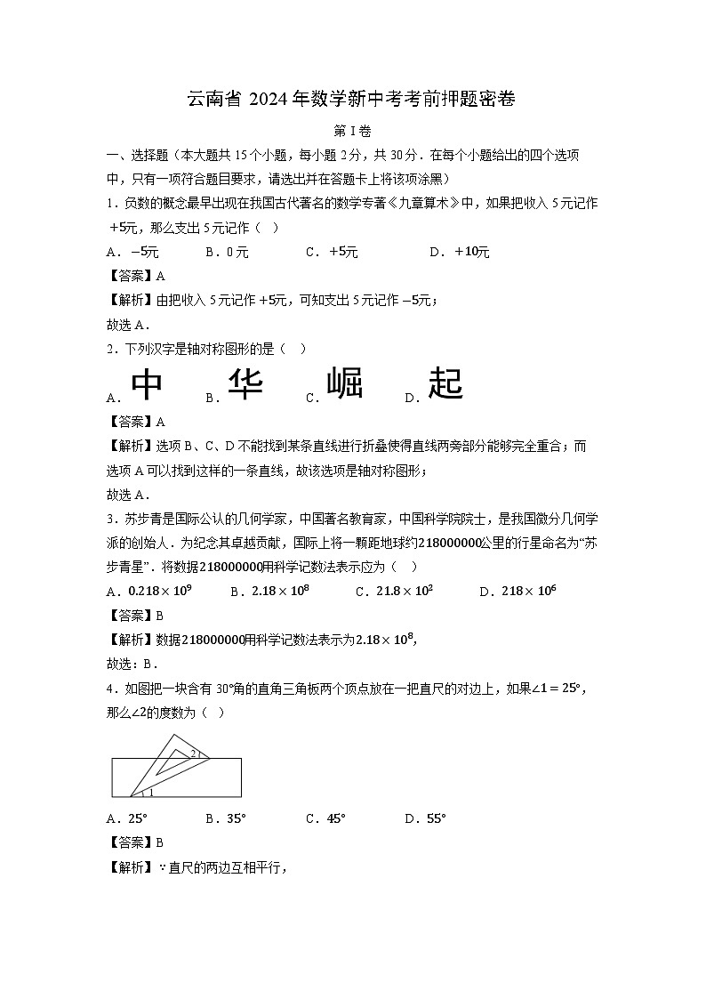 【数学】云南省2024年新中考考前押题密卷（解析版）01
