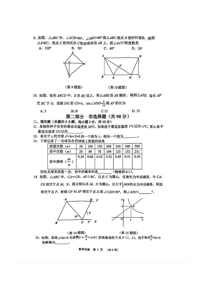 2024年辽宁省大连市部分学校九年级6月中考模拟数学试卷(图片版无答案)02