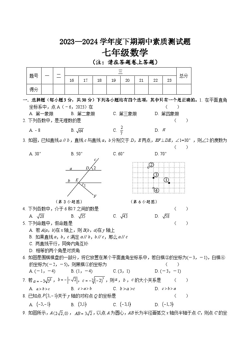 河南省驻马店市汝南县2023-2024学年七年级下学期期中素质测试数学试卷(含答案)01