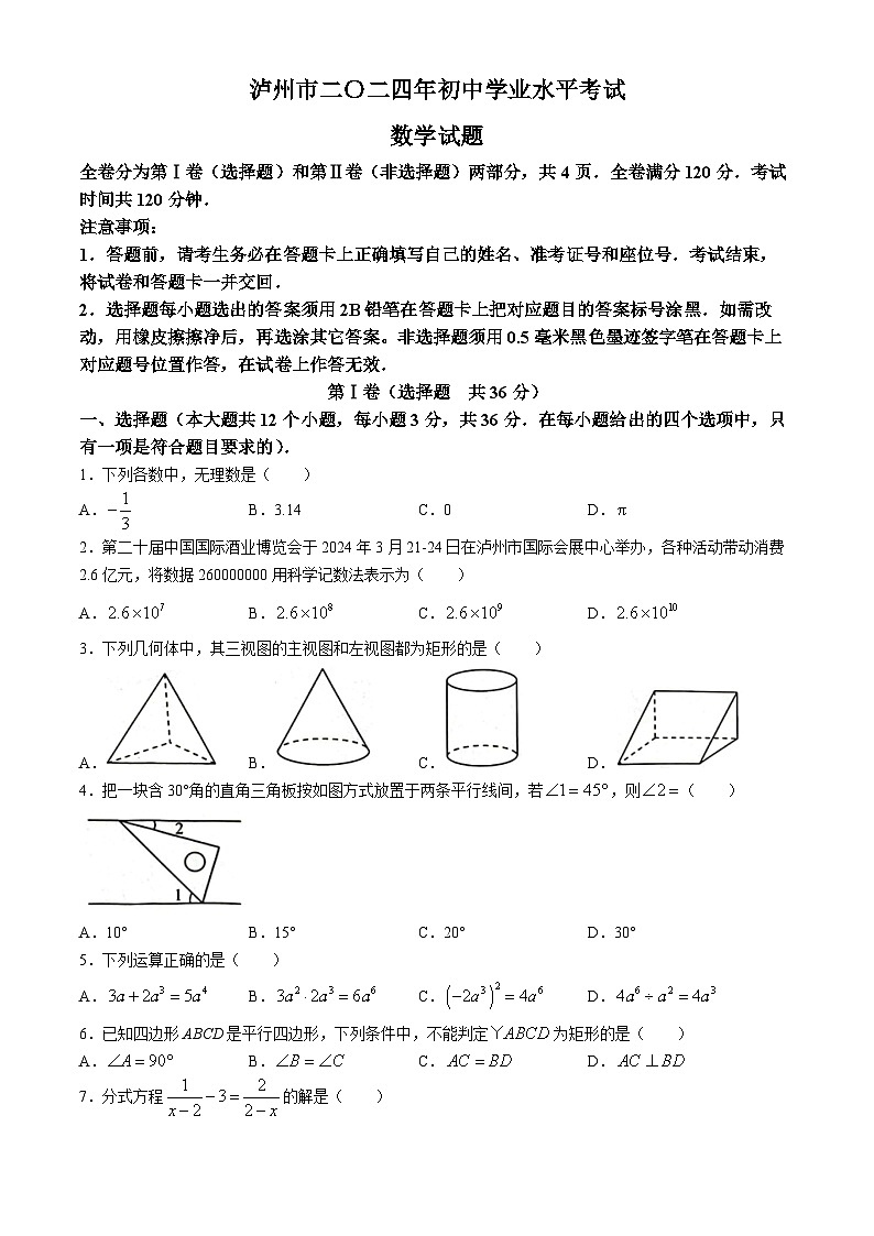 2024年四川省泸州市中考数学试题（含答案）第1页