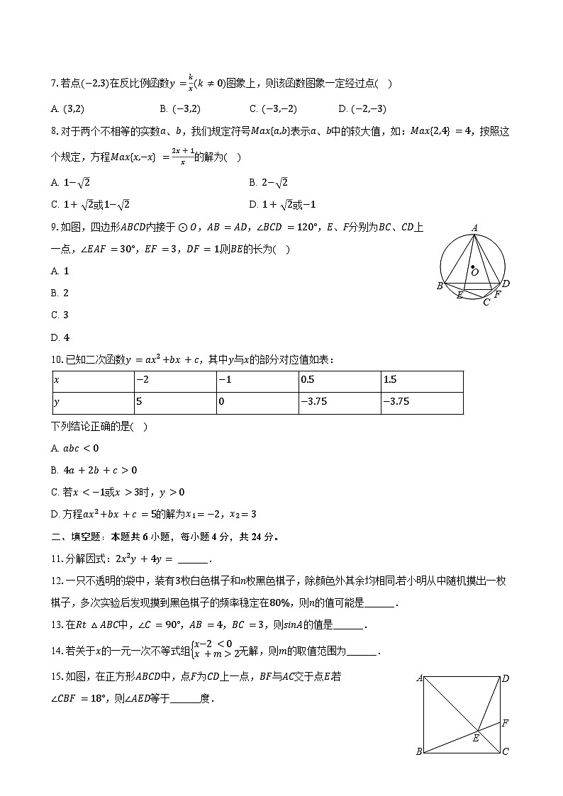 2023-2024学年湖南省湘潭市岳塘区四校联考九年级（下）期中数学试卷（含解析）第2页