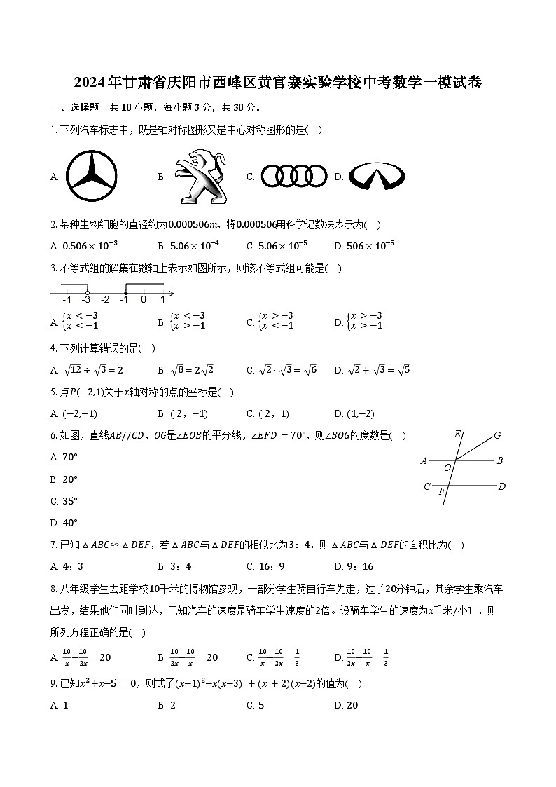 2024年甘肃省庆阳市西峰区黄官寨实验学校中考数学一模试卷（含解析）01