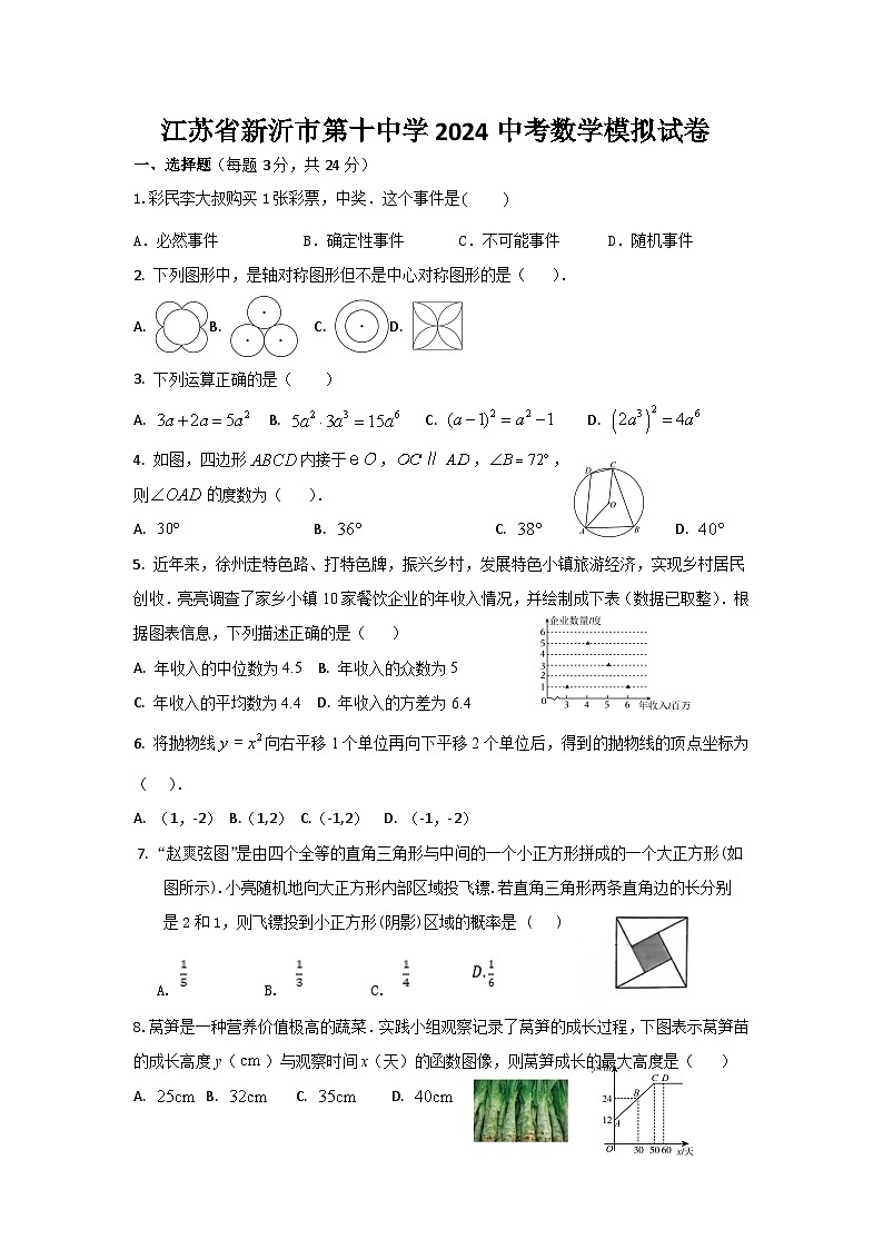 2024年江苏省徐州市新沂市第十中学九年级中考数学模拟试卷第1页