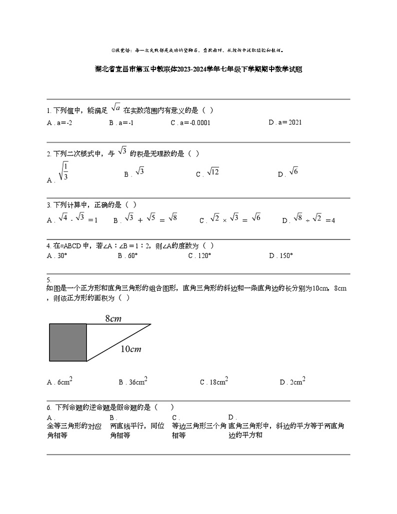 【数学】湖北省宜昌市第五中教联体2023-2024数学年七年级下学期期中数学试题01