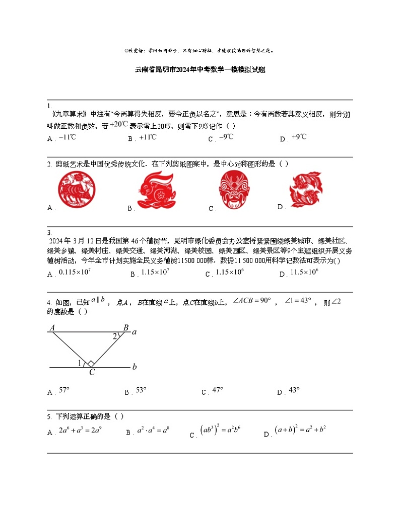 【数学】云南省昆明市2024年中考数学一模模拟试题01
