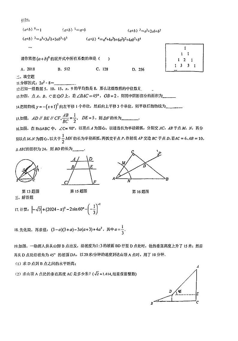 2024年湖南省长沙市青竹湖湘一外国语学校九年级数学中考三模数学试卷02