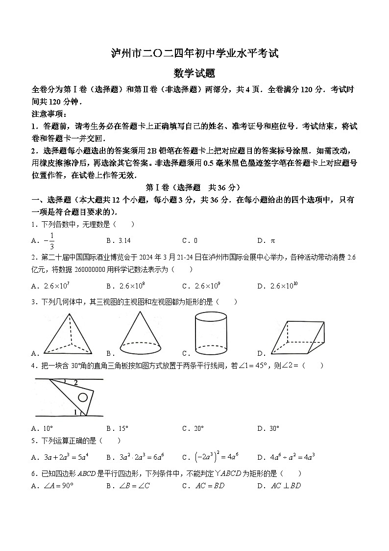 2024年四川省泸州市中考数学试题（含答案）第1页