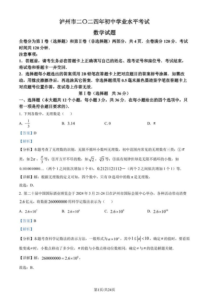 2024年四川省泸州市中考数学试题（解析版）第1页