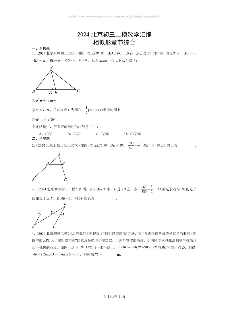 [数学]2024北京初三二模数学试题分类汇编：相似形章节综合第1页