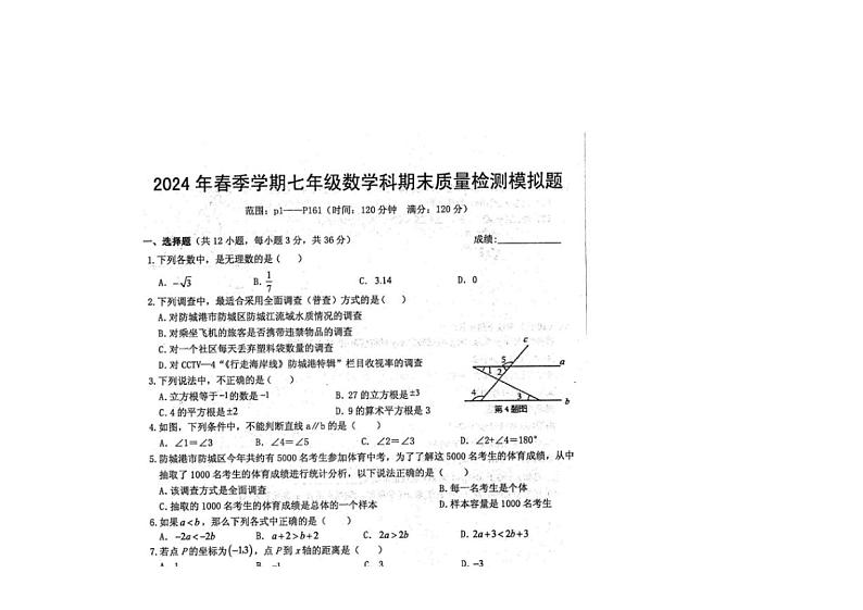 [数学]2024年春广西防城区七年级下学期数学科期末质量检测模拟题（有答案）01