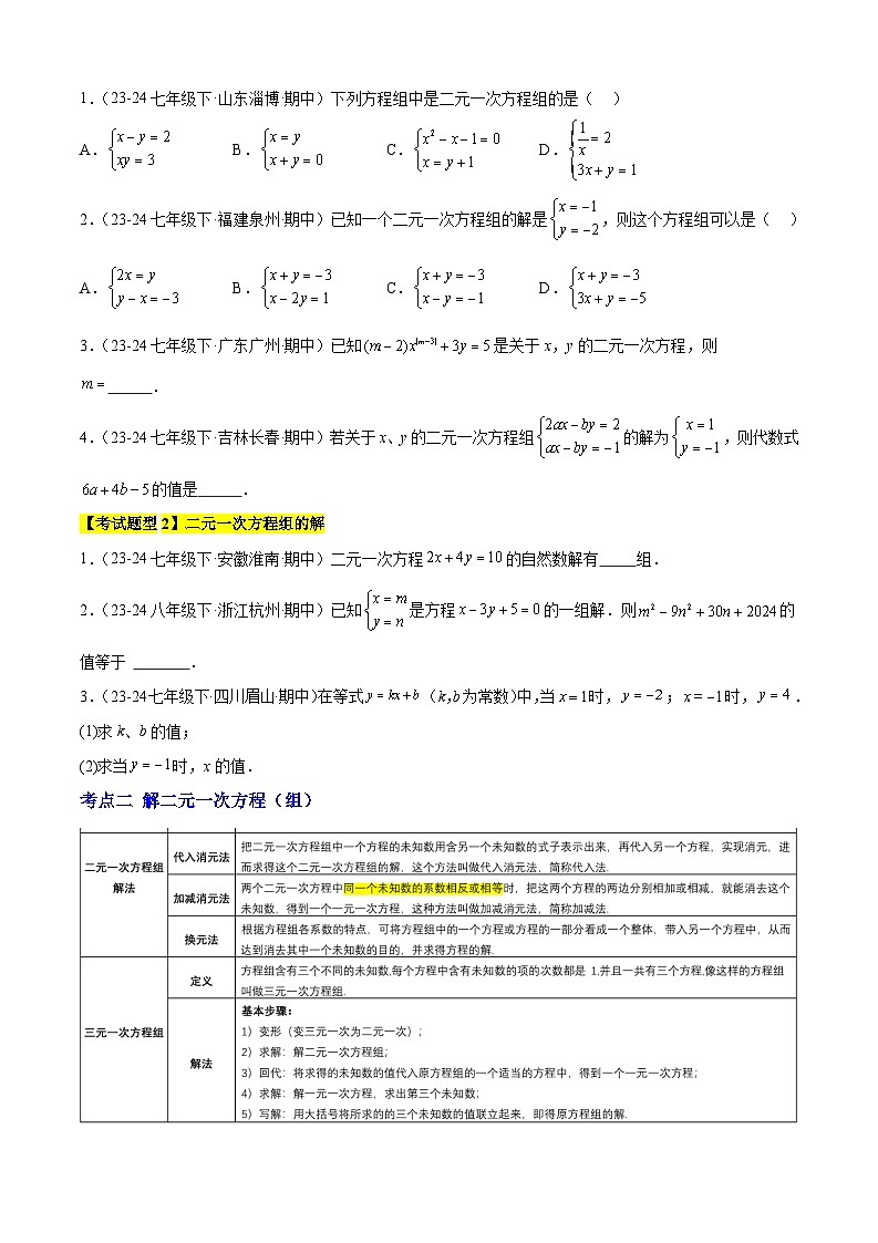 清单04 二元一次方程组 全章复习（3个考点梳理+10种题型+6类型）（原卷版）第2页