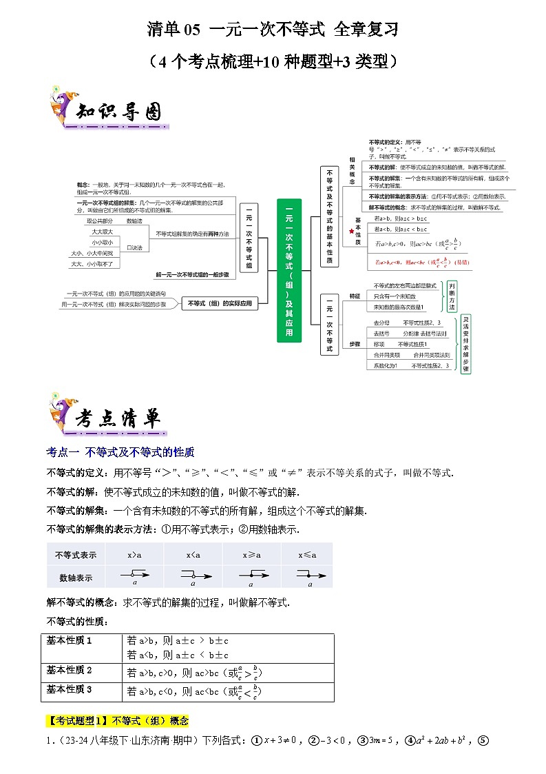 清单05  一元一次不等式 全章复习（4个考点梳理+10种题型+3类型）（解析版）第1页