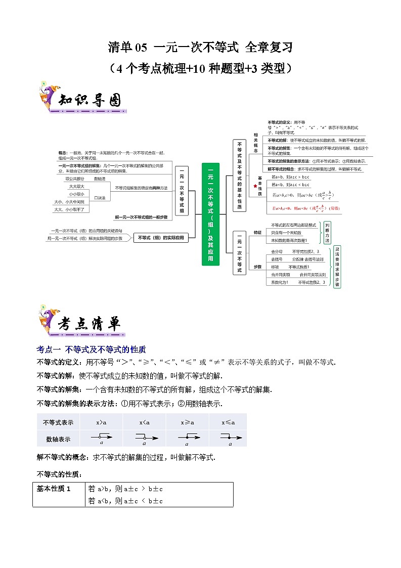 清单05  一元一次不等式 全章复习（4个考点梳理+10种题型+3类型）（原卷版）第1页