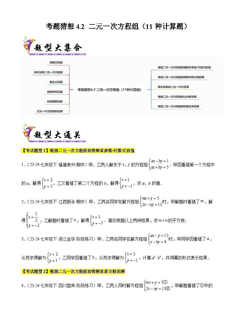 考题猜想4.2 二元一次方程组 （11种计算题）（原卷版+解析版）01