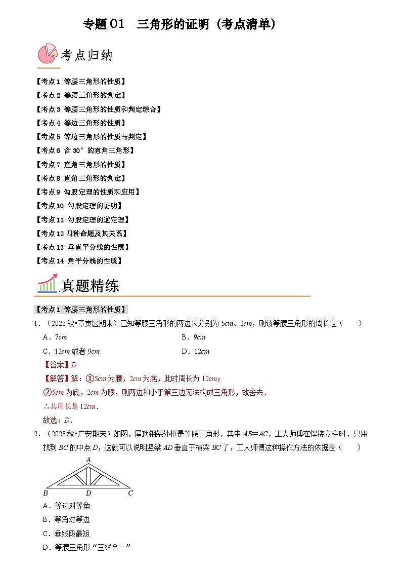 专题01 三角形的证明（考点清单）（解析版）第1页
