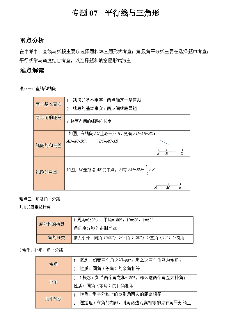 初中数学中考二轮复习重难突破专题07 平行线与三角形(含答案)第1页