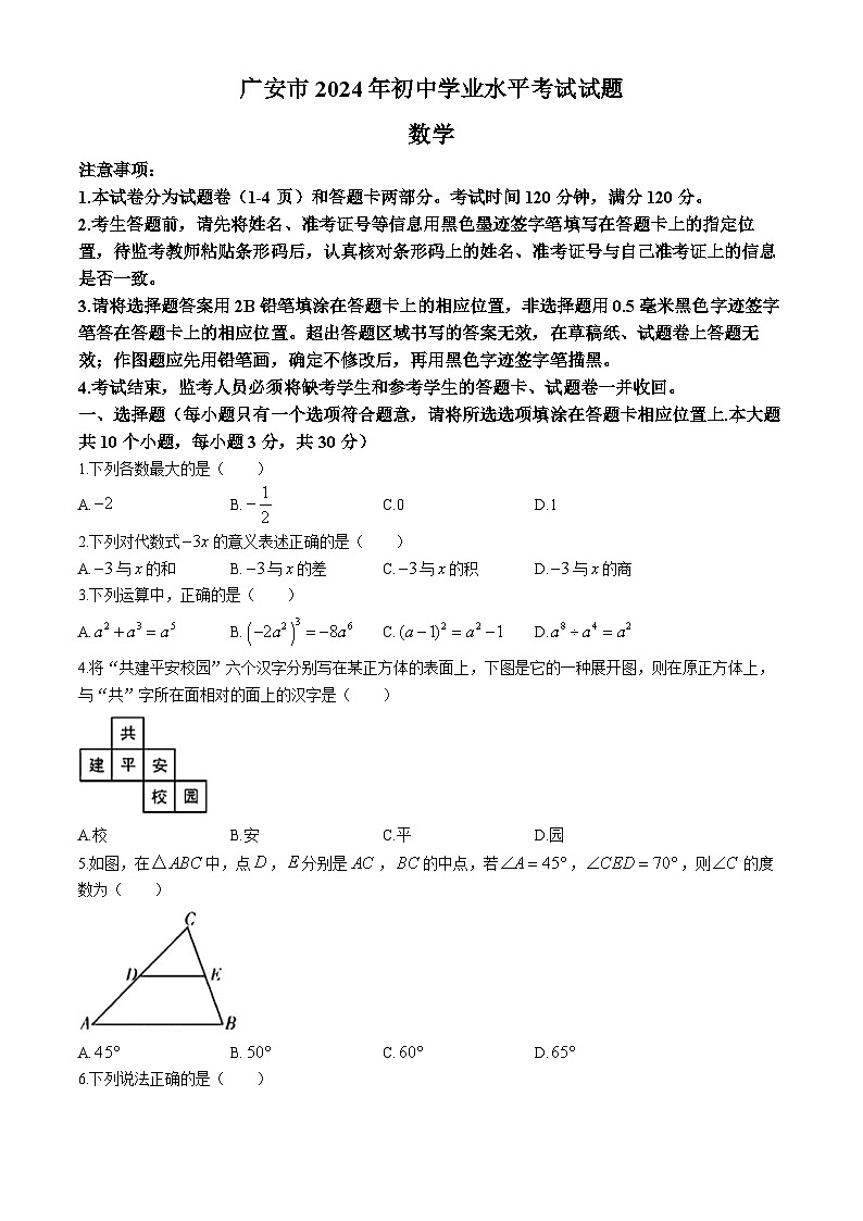 2024年四川省广安市中考数学试题01