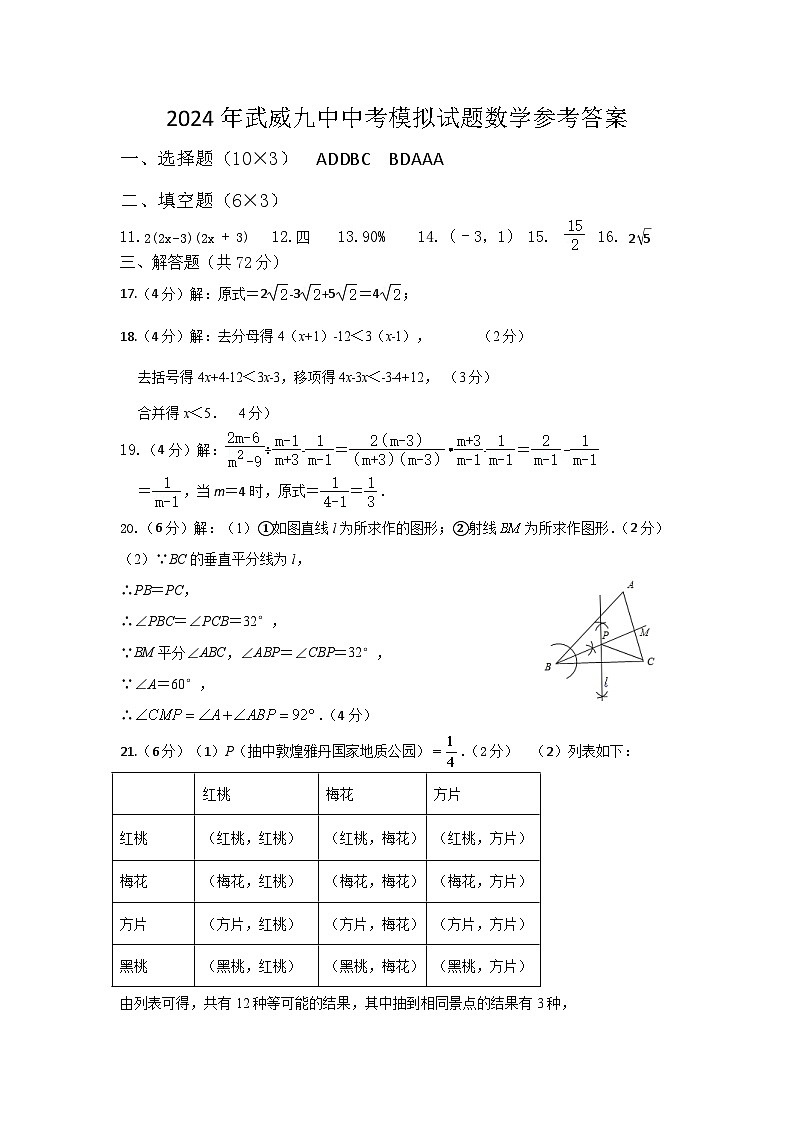 甘肃省武威市凉州区联考2023-2024学年九年级下学期第三次月考（三模）数学试卷01