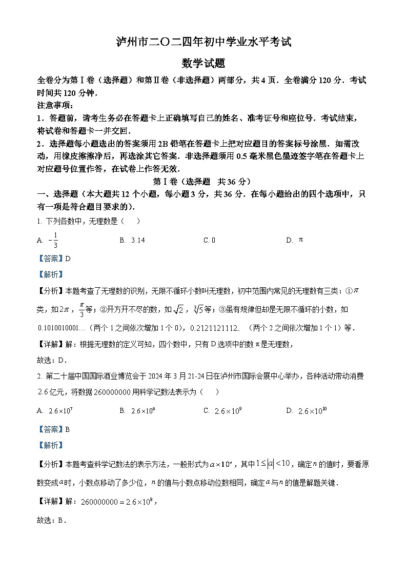 2024年中考真题：四川省泸州市数学试题（解析版）01