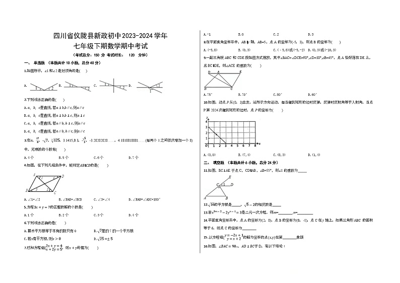 四川省南充市仪陇县新政初级中学校2023-2024学年七年级下期数学期中试题01
