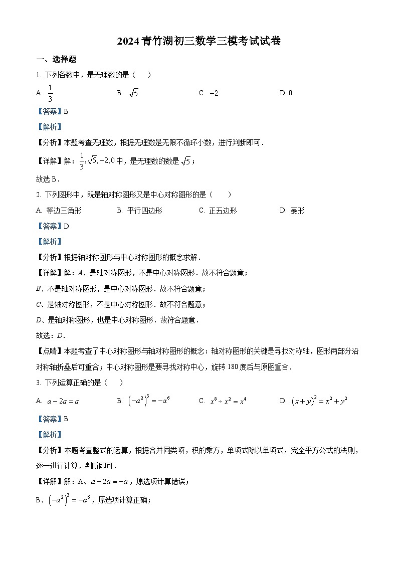 2024年湖南省长沙市青竹湖湘一外国语学校中考三模数学试题（解析版）第1页