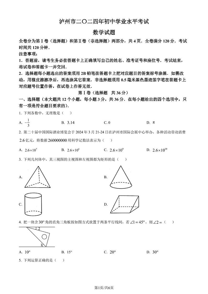2024年四川省泸州市中考数学试题（原卷版+含解析）01