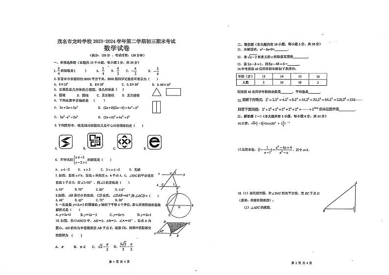 广东省茂名市龙岭学校2023-2024学年九年级下学期6月期末考试数学试题01
