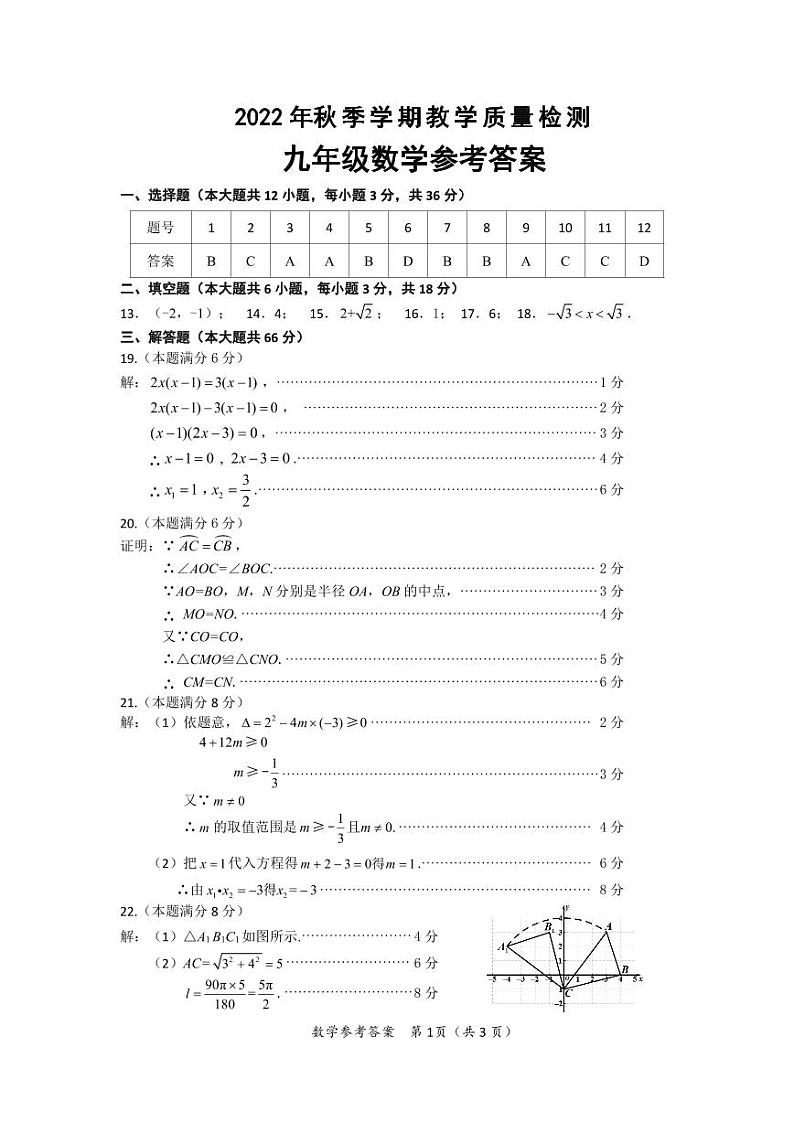 2022年秋季学期九年级数学教学质量检测（参考答案）第1页