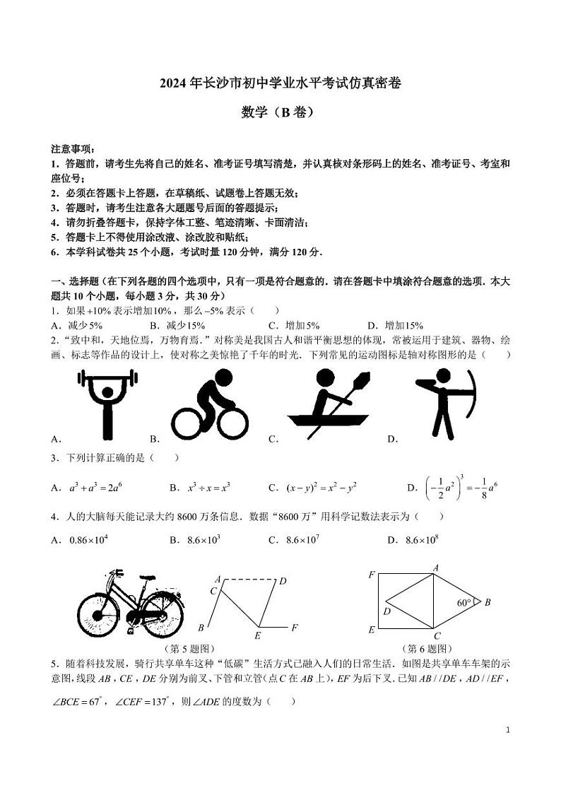 （AB）2024 年长沙市初中学业水平考试仿真密卷数学B卷原卷01