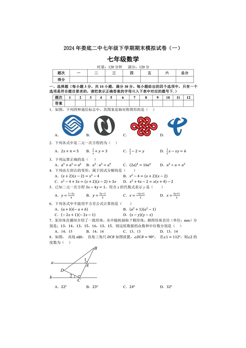 [数学]湖南省娄底市第二中数学2023—2024学年下学期七年级数学期末模拟试卷（一）（有答案）01