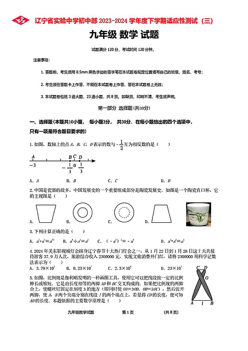 2024年辽宁省实验中学九年级中考三模数学试卷01
